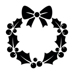 Black silhouette Christmas wreath illustration with holly leaves, berries and bow, minimalist festive holiday design, simple decorative winter symbol for cards, invitations, prints, greeting materials