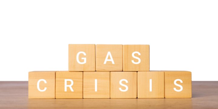 Wooden blocks with gas crisis text for energy shortage concept, isolated on transparent background