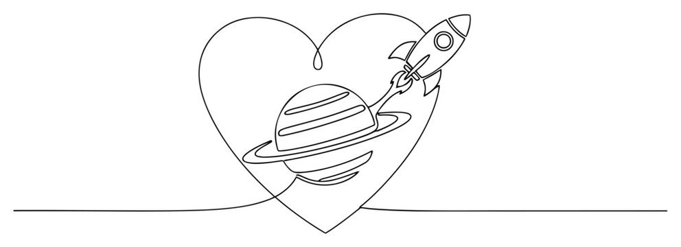 Rocket flying around planet in a heart shape continuous one line drawing vector illustration of space love for valentine day