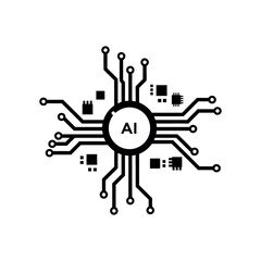 Circular artificial intelligence chip icon with surrounding circuit lines and microchip elements symbolizing advanced digital technology