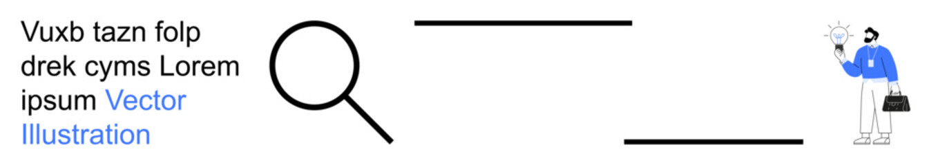 Data search, problem-solving, organization, business analytics, research tools, visual design. Magnifying glass and person in minimal style. Data search and problem-solving concepts