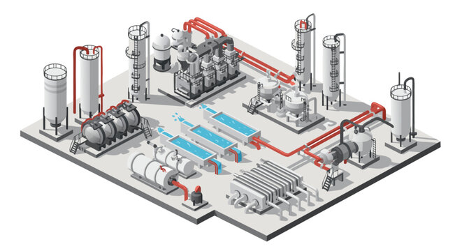Refinery isometric illustration showcases oil and gas production, ideal for energy sector presentations, industrial design projects, or technology visualizations