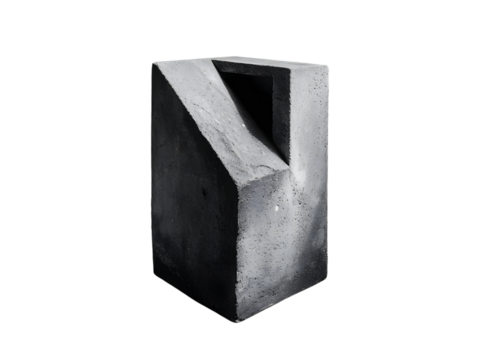 Abstract geometric sculpture with angular cutout on black background