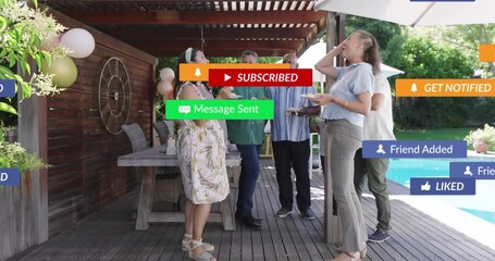 Six adults on deck with plates woman talking starting social media badges rising fading celebrating - Powered by Adobe