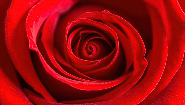 Close up of a vibrant red rose in full bloom showcasing intricate petal details and a delicate spiral pattern ideal for romantic themes and floral photography