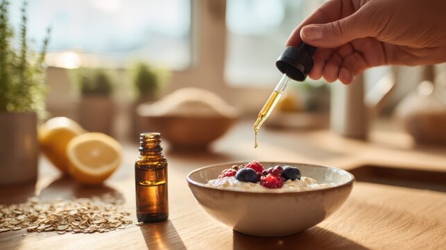 Healthy kitchen scene: adding hemp-derived CBD oil to yogurt for a wellness breakfast