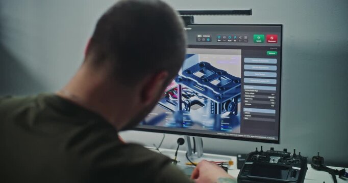 Specialist Calibrating Systems of Surveillance FPV Drone, Ensuring Mission Readiness by Checking Flight Data on Computer. Concept of Defense Technology Preparation and Digital Engineering. Back View.