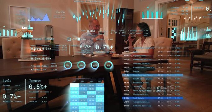 Pair making eye contact clinking wine glasses, starting finance talk with AR charts showing numbers - Powered by Adobe