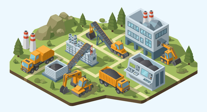 Dynamic isometric illustration of a coal mine with excavators, trucks, and conveyors, showcasing modern industrial processes and energy production, vector graphics