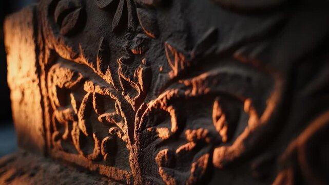 Close-up of an ornate carved panel with vines and leaves, lit by warm orange light.