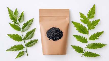 Overhead shot of a brown paper bag filled with black powder, flanked by green leaves on a white surface.