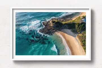High-altitude shoreline shot of Nobbys Beach, Newcastle, Australia, expansive beach, surf and open sea under clear sky