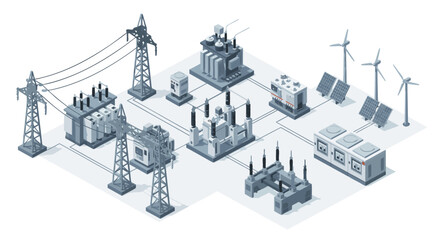 Isometric sustainable energy network showing power generation and distribution with wind turbines, solar panels, and electrical grid for a greener future © ainun