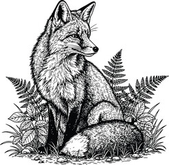 Obraz premium Fox silhouette illustration sitting among ferns and grass in a dark forest environment