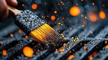 Close-up of a brush cleaning a grill with fire, smoke, and embers.