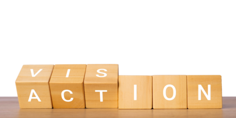 Wooden blocks with vision and action text for strategy execution concept, isolated on transparent background