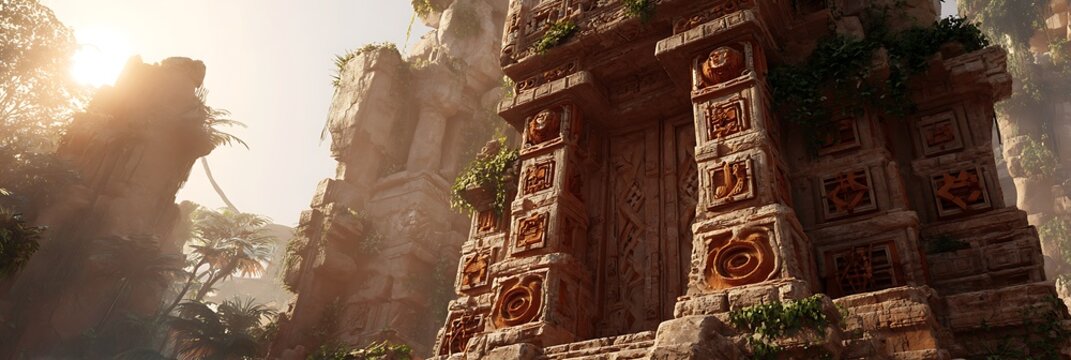 Timeworn sandstone temple mockup with interactive orange glyphs and sun haze