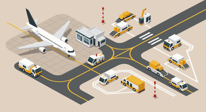 Dynamic isometric airport scene showcasing ground support vehicles and passenger jet, perfect for aviation industry presentations and transportation visuals