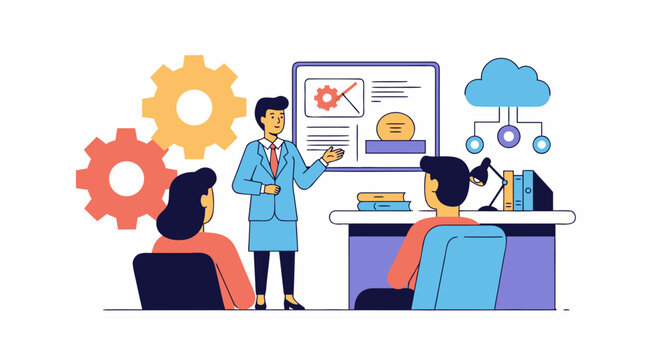 Dynamic presentation by confident businesswoman to team, showcasing innovative solutions for growth, fostering collaboration and professional success