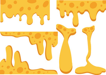 Illustration of melting cheese in various shapes, featuring drips, holes, and a yellow color palette on a white background.