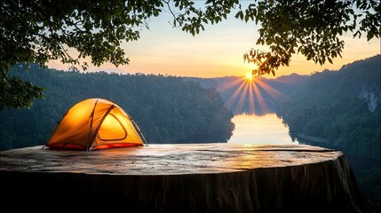 A camping tent illuminated from within sits on a large tree stump overlooking a river and mountains at sunset.
