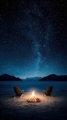 Two wooden chairs sit near a campfire on a beach under a starry night sky with the Milky Way visible.