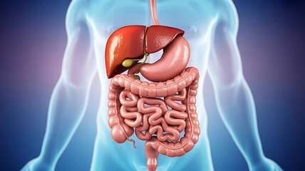 Human digestive system organs within translucent body outline