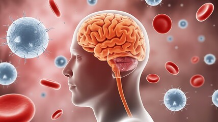 Human Brain and Viruses with Blood Cells head profile