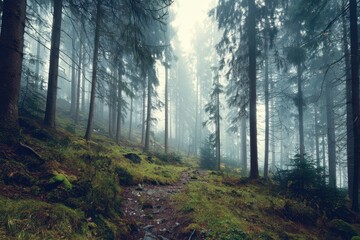 Naklejka premium Hipster-inspired misty forest scene with dawn light, grainy texture, nature calm