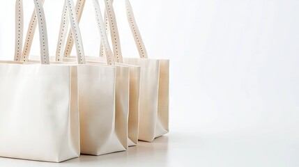 Several blank canvas tote bags arranged in a row against a white background, perfect for mockup or design.