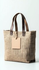 A close-up shot of a canvas tote bag with leather handles and a blank tag, isolated against a white background.