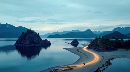 A car drives along a coastal road with illuminated headlights at dusk, with mountains and islands in the background.