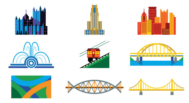 A collection of colorful, stylized icons representing famous landmarks of Pittsburgh Skyline Vector, including bridges, a skyline, a fountain, and an incline railway.