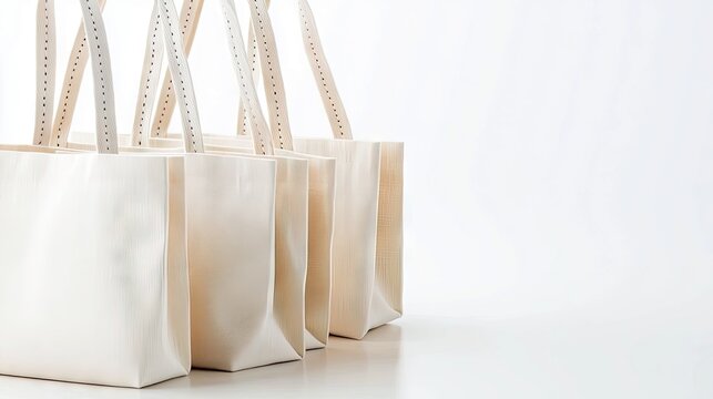 Several blank canvas tote bags arranged in a row against a white background, perfect for mockup or design. - Powered by Adobe