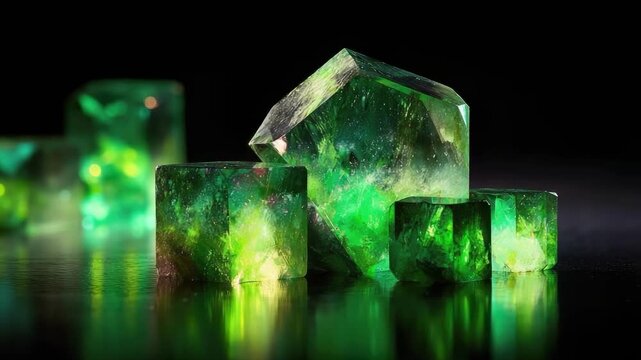 Green fluorite crystal cubes on a black reflective surface.