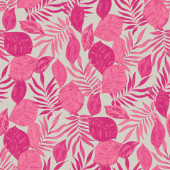 pink topical leaves seamless pattern on grey background