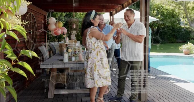 Mature couple greeting, offering drink, clinking glasses by pergola dining table for event planning