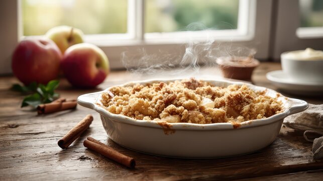 Homey autumn dessert setup: apple crumble with cream and fresh apples