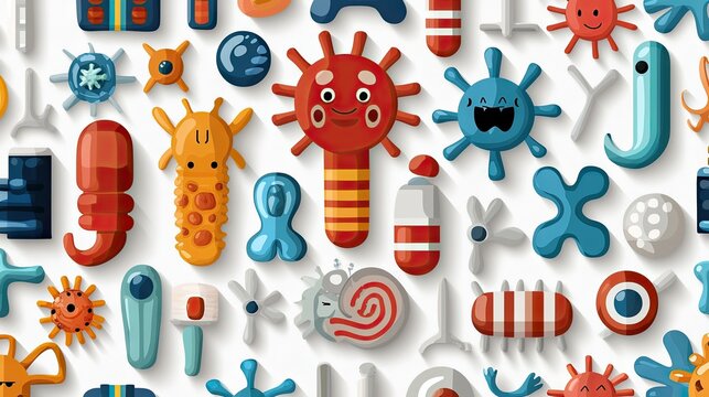 Colorful cartoon illustration of various viruses and microbes on a white background. The image features a variety of shapes and expressions.
