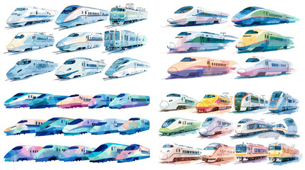 A soft watercolor collection of high speed trains and rail vehicles in varied colors, featuring modern locomotives and transport designs ideal for travel, transport, and technology themes.