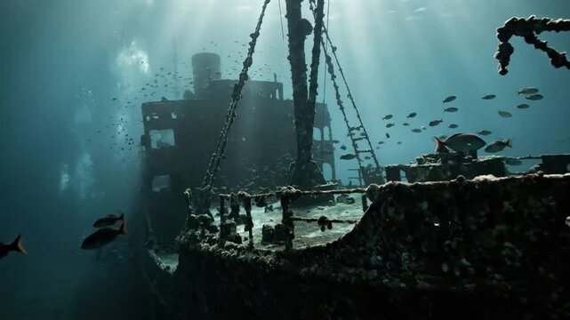 A sunken ship rests on the ocean floor surrounded by fish and light beams.