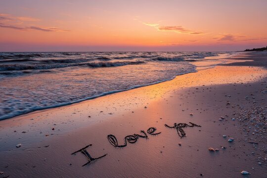 I Love You Written in the Sand on a Serene Sunset Beach