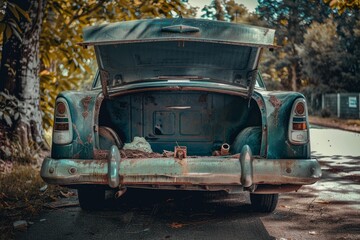 Rusty vintage car with open trunk, showing signs of decay and abandonment, parked on the side of a road