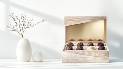 A wooden box with chocolates, a vase with flowers, and a small vase are displayed on a white surface. The scene is illuminated by bright lighting.