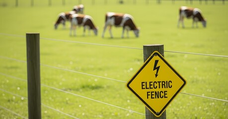 Electric fence warning sign on a wooden post with blurred cows grazing in a vibrant green pasture, indicating farm security and safety for agriculture.