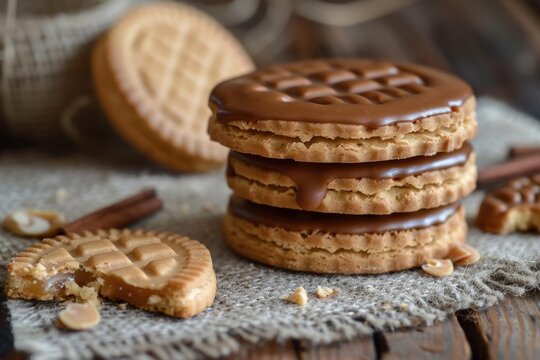Chocolate covered sandwich cookies stacked on top of each other with a partially eaten cookie, peanuts and cinnamon sticks on rustic surface