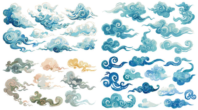 A soft watercolor collection of cloud motifs featuring flowing shapes, airy swirls, and gentle tones ideal for decorative design, fantasy themes, and atmospheric artwork.
