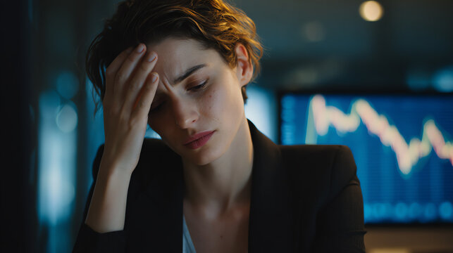 A distressed woman in an office setting struggles with financial pressure, reflecting the challenges of modern business.