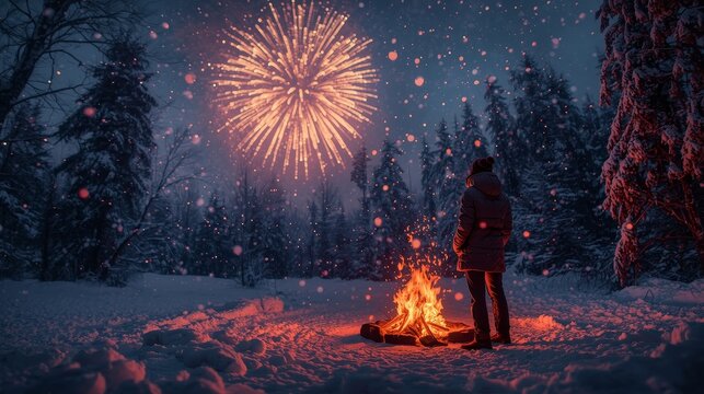 Man watching fireworks by campfire in snowy winter landscape at nighttime - Powered by Adobe