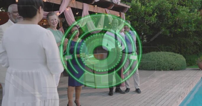 Bride tossing bouquet toward guests reaching, green HUD partially obscuring view for wedding ritual